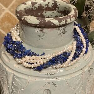 Ross Simons Necklace Sterling Silver, Lapis Lazuli & Freshwater Pearl 7 Strand